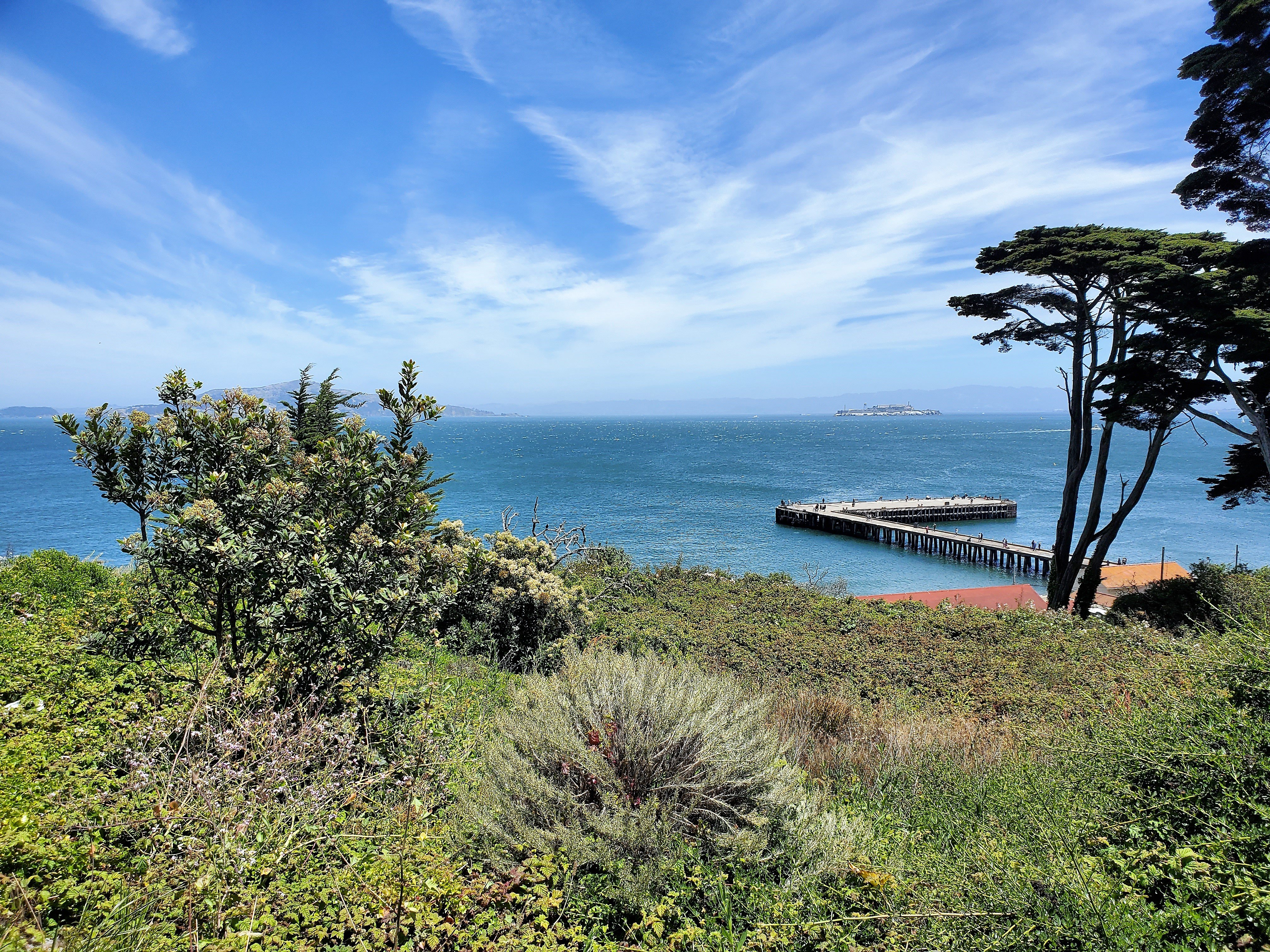 View of the barely visible Alcatraz Island on our hike up to Golden Gate Bridge